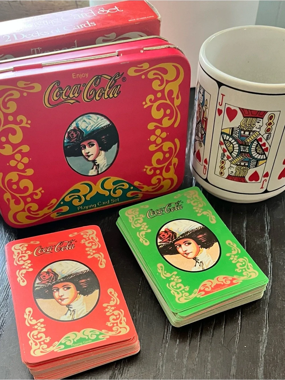 Vintage Coca-Cola Playing Cards Double Deck Tin & Box And Heart Playing Card Mug